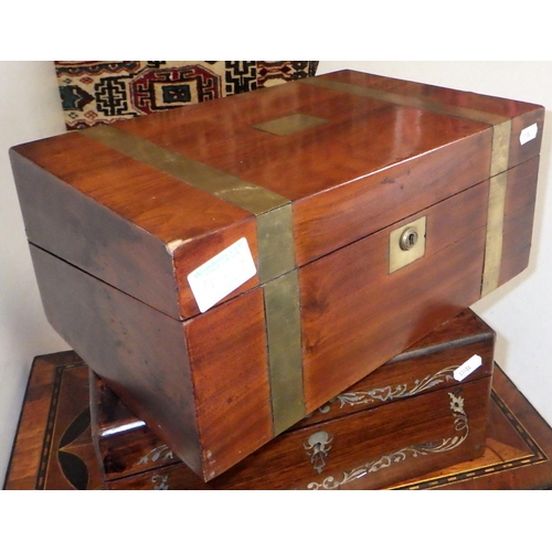 456 - A large inlaid 19thC writing box together with a further brass bound writing box and a mother of pea... 