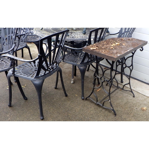 866 - An aluminium garden table & 6 chairs, another smaller garden table, 3 further chairs and another bas... 