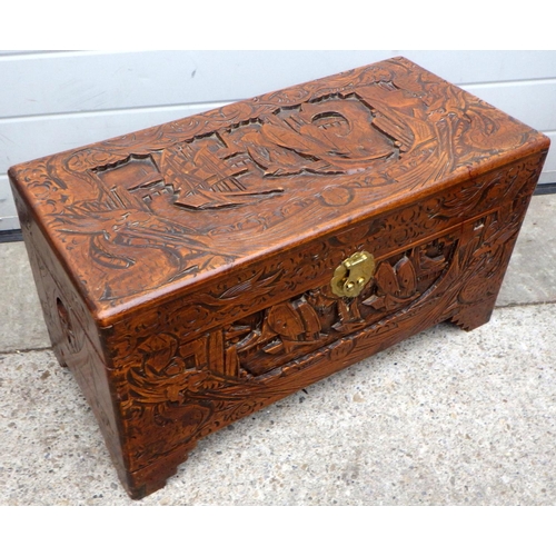 875 - A small carved camphorwood box, Made in Hong Kong, 74cm wide