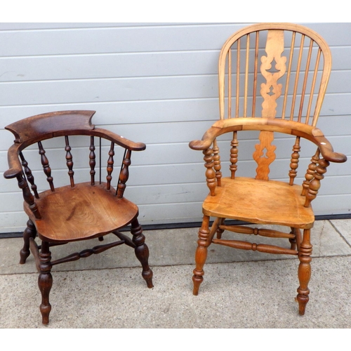 883 - A pad arm Windsor chair together with a smokers bow armchair (2)