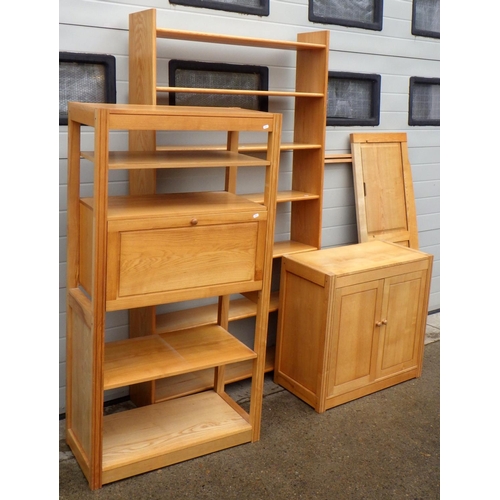 891 - A set of tall blonde open shelves, bed head, further shelves & low cupboard (a/f) (4)