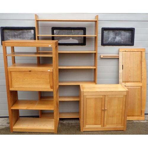 891 - A set of tall blonde open shelves, bed head, further shelves & low cupboard (a/f) (4)