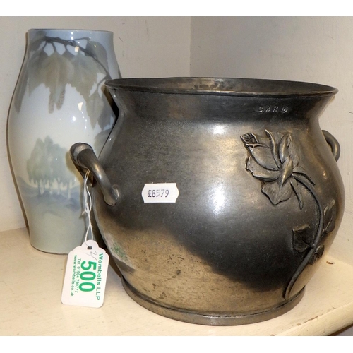 500 - An Arts & Crafts pewter jardiniere (possibly Scandinavian) together with a Porsgrund Norwegian vase ... 