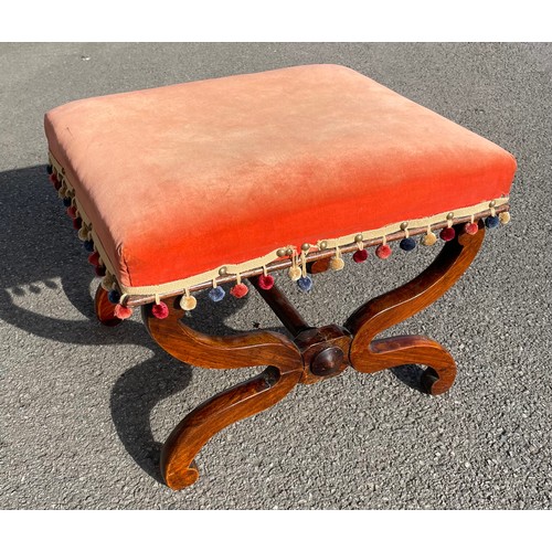 502 - A mahogany lazy Susan 46cm diameter together with a foot stool (old worm & repairs) (2)