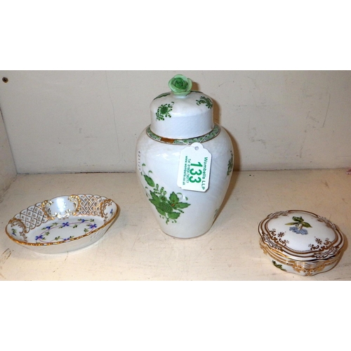 133 - A Herend lidded urn and oval pin dish together with a Spode Stafford Flowers pot (3)