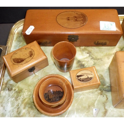 148 - Mauchline Ware: a velvet lined glove box, a silk lined casket, other boxes etc.