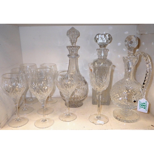 187 - A Waterford style crystal jug together with further cut glass decanters Doulton wine glasses etc