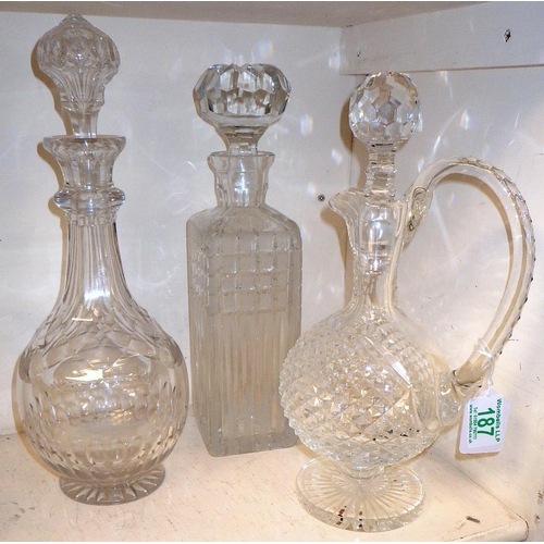 187 - A Waterford style crystal jug together with further cut glass decanters Doulton wine glasses etc