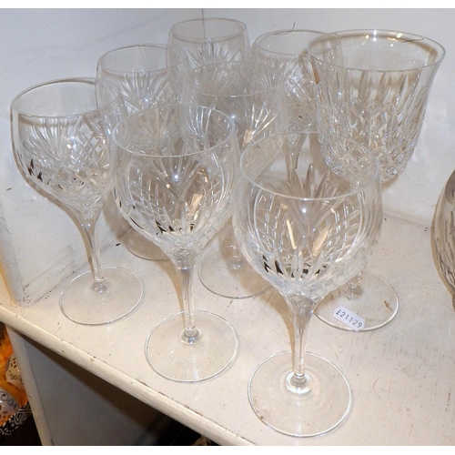 187 - A Waterford style crystal jug together with further cut glass decanters Doulton wine glasses etc