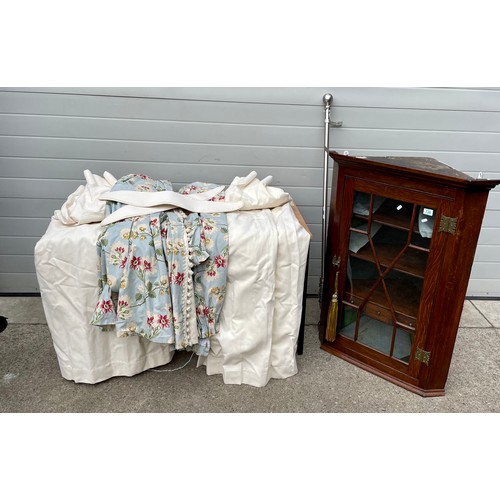 738 - A 19th cen hanging oak corner cabinet with astragal glazed door,  together with a set of curtains an... 