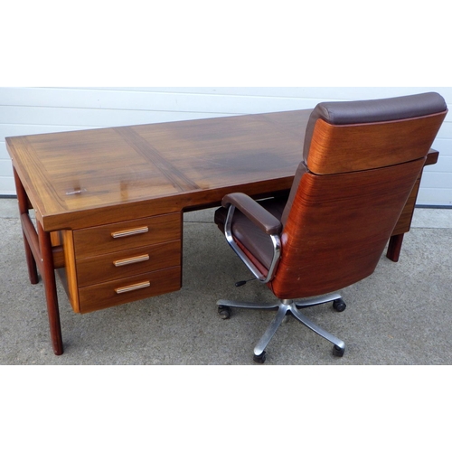 908 - A Sibast furniture hardwood desk, 200cm wide, together with an office swivel chair, (a/f)