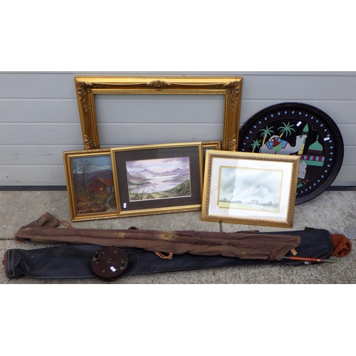 919 - A fishing rod, reel, 3 pictures, frame, tray