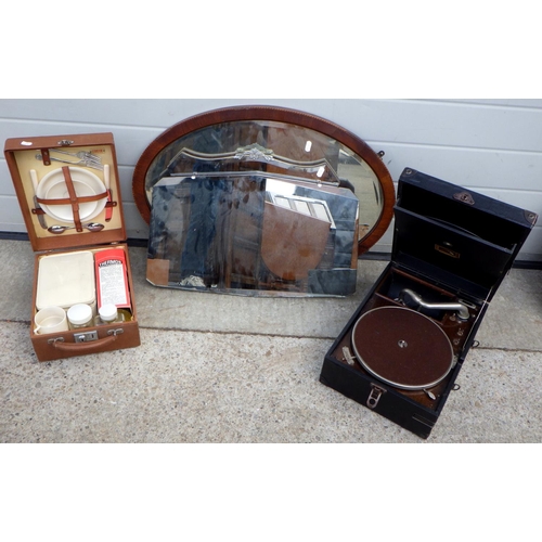 924 - Three mirrors, a picnic set and a portable gramophone (5)