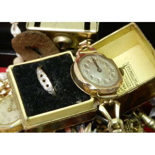 45 - A ladies 9ct gold cased watch head c1930s, a/f; a ring having a boat shaped head, stones lacking, ye... 