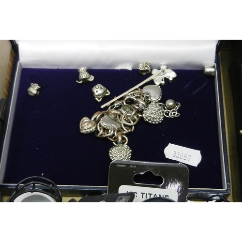 102 - Base metal costume jewellery incl a charm bracelet; watches; American Football interest pencil toppe... 