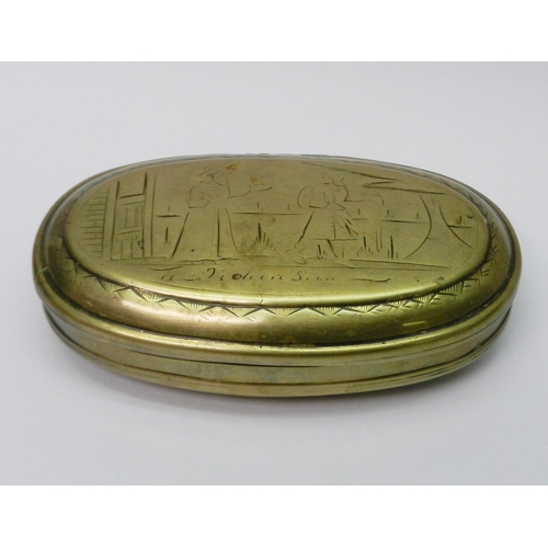 108 - An oval brass sweetmeat? nut? snuff? box, Continental having hinged lid, engraved front and back wit... 