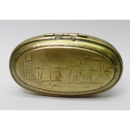 108 - An oval brass sweetmeat? nut? snuff? box, Continental having hinged lid, engraved front and back wit... 