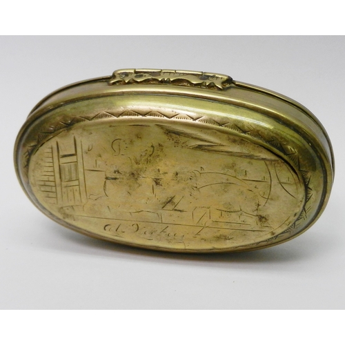 108 - An oval brass sweetmeat? nut? snuff? box, Continental having hinged lid, engraved front and back wit... 