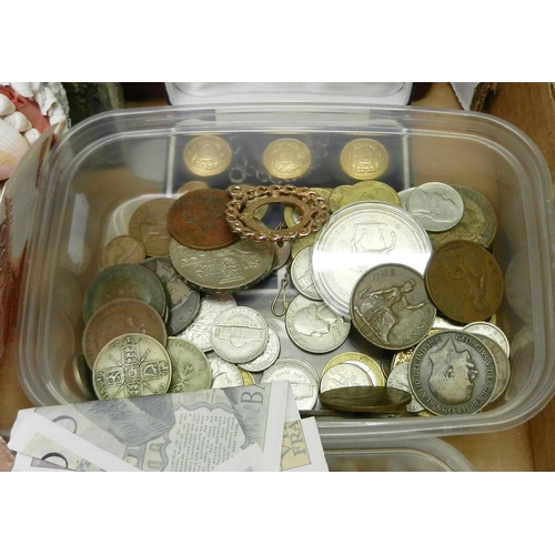 114 - Various coins, a Colibri cigarette lighter, costume jewellery, cased buttons etc.