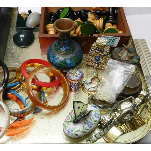 128 - A miscellaneous lot comprising costume jewellery, watches, Chinese Cloisonné enamels, a Staunton par... 