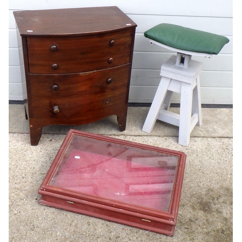 A bowfronted commode together with a table top display case and a stool (3)