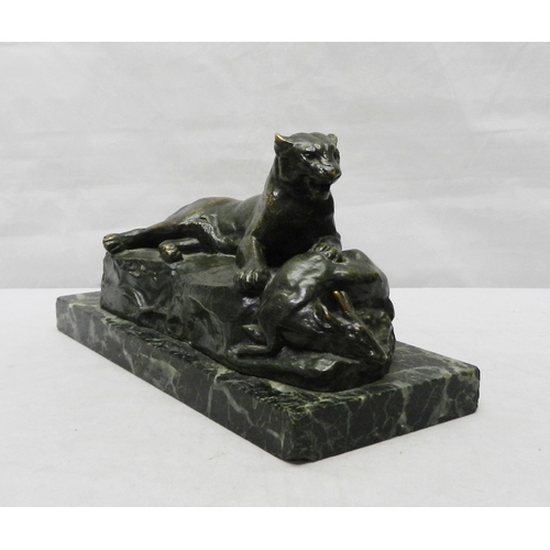 A lioness with prey, bronze on marble base after Antoine-Louis Barye.  Base 23cm long, ex Elvington Hall