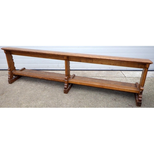 A single oak Church kneeler, 230cm long, ex York Minster