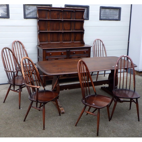 A dark Ercol dining suite incl table, 183cm long, six chairs & dresser (8)