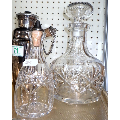 71 - A silver plated cocktail shaker together with a pair of decanters, hip flask and a condiment cut gla... 