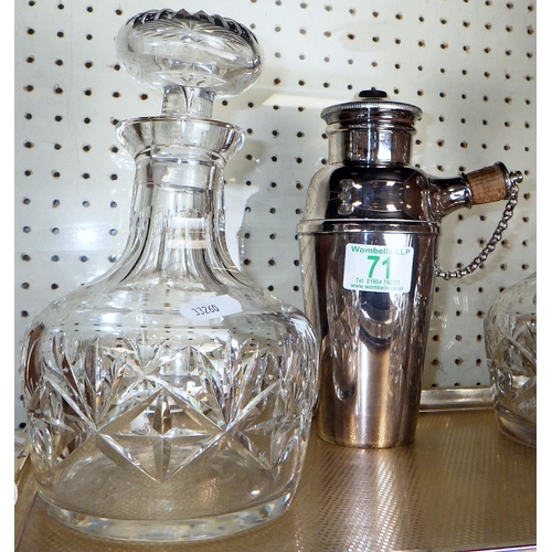 71 - A silver plated cocktail shaker together with a pair of decanters, hip flask and a condiment cut gla... 