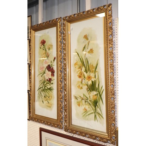 112 - A pair of gilt framed painted panels 50 x 105cm, cracked panel AF