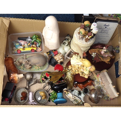 109 - Three boxes of misc collectables to inc Royal Albert figures, lamps etc (3)