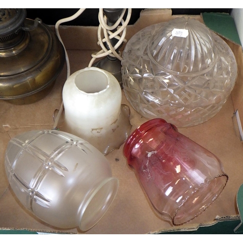 159 - Two boxes of misc oil lamp parts, lamp shades and a glass dome (2)