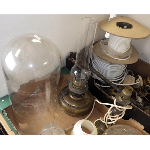 159 - Two boxes of misc oil lamp parts, lamp shades and a glass dome (2)