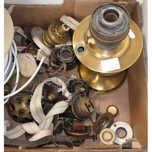 159 - Two boxes of misc oil lamp parts, lamp shades and a glass dome (2)