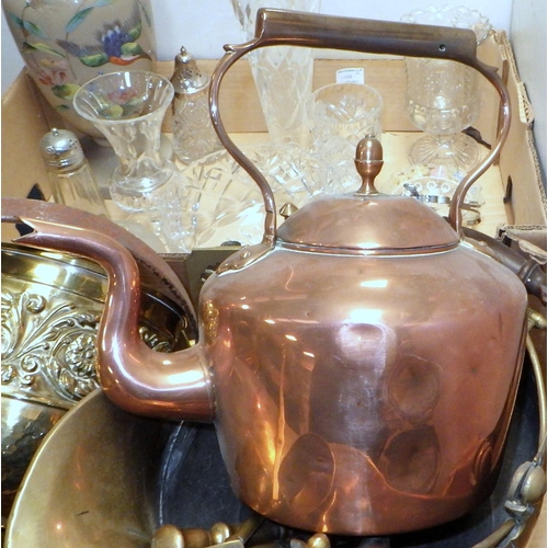 155 - A brass jam pan together with further metal ware and a qty of glass ware (2)