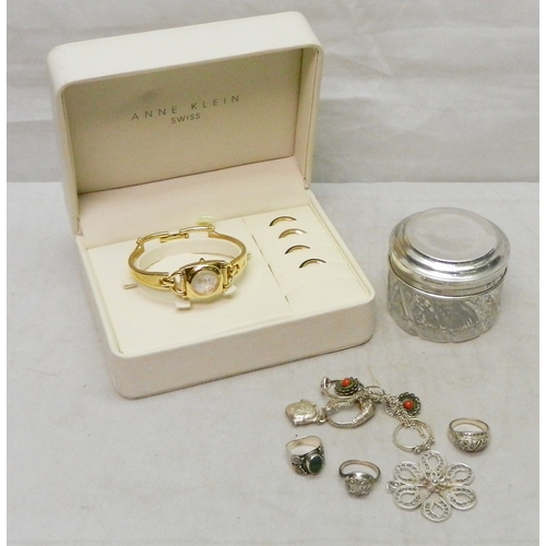 250 - A silver topped glass dressing set jar; white metal rings; an Anne Klein ladies quartz bracelet watc... 