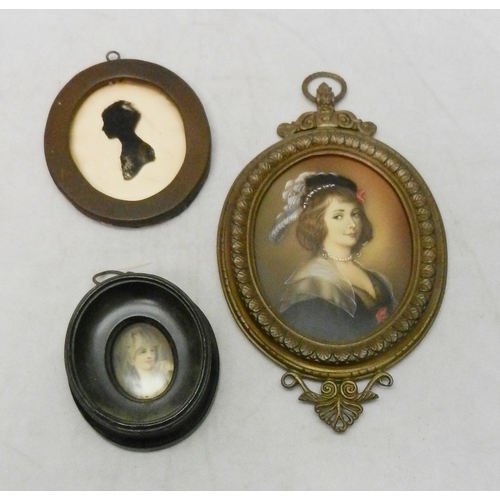 252 - A miniature portrait, painting on porcelain, approx 7 x 6cm oval incl frame; two other miniatures.  ... 