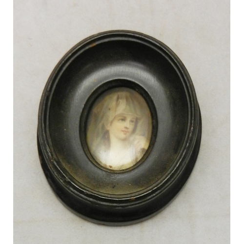 252 - A miniature portrait, painting on porcelain, approx 7 x 6cm oval incl frame; two other miniatures.  ... 