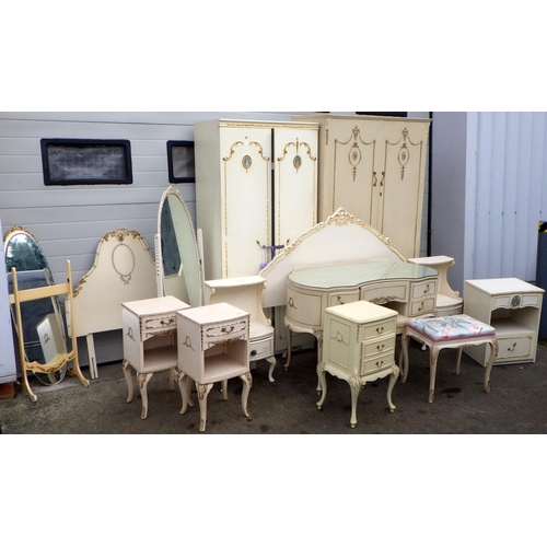 797 - A qty of cream bedroom furniture, dressing table missing mirror, a/f