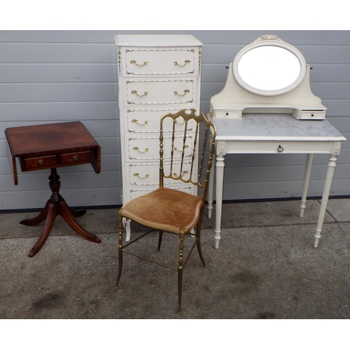 798 - A marble topped dressing table, narrow painted chest of drawers, brass chair, drop leaf occasional t... 