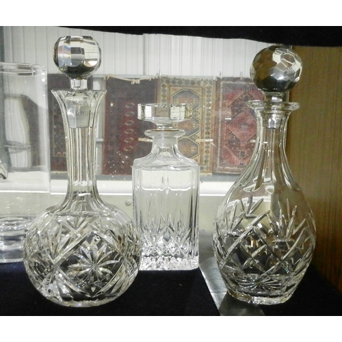 246 - A pair of pedestal pillar vases, other glassware incl decanters, a glass rinser / cooler etc.