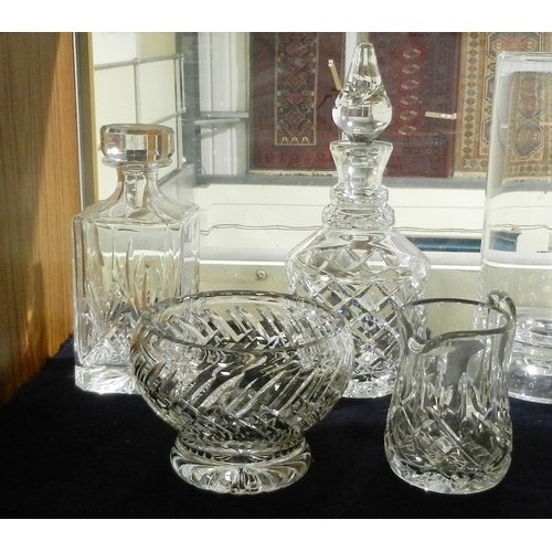 246 - A pair of pedestal pillar vases, other glassware incl decanters, a glass rinser / cooler etc.