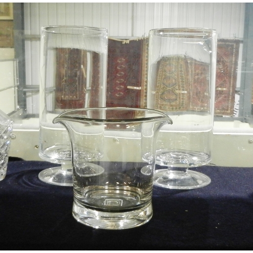 246 - A pair of pedestal pillar vases, other glassware incl decanters, a glass rinser / cooler etc.