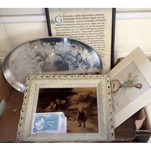 175 - A framed crystoleum together with a plated tray, bank of Castleford note, misc boxes etc