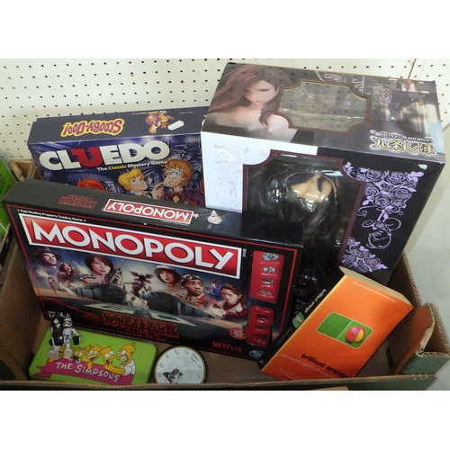 183 - Four boxes of misc collectables to inc board games, casino chips, empty Subbuteo boxes, various loos... 