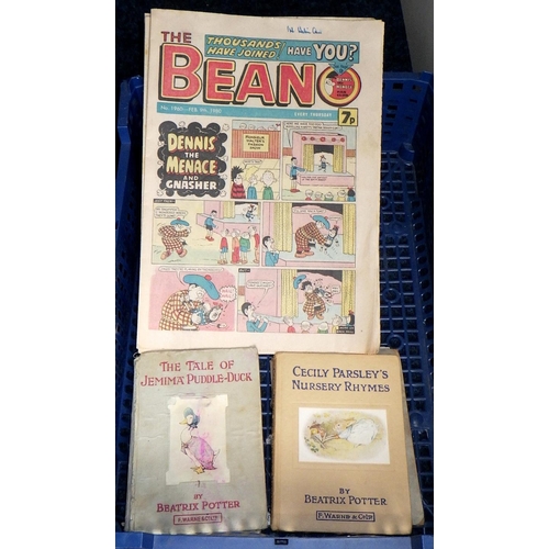 190 - A group of various books, prints etc to inc Beano, Beatrix Potter, fishing poles, telescope