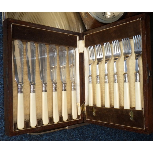 205 - An 8 day oak mantle clock together with a canteen of fish cutlery, misc glass ware, copper posser et... 