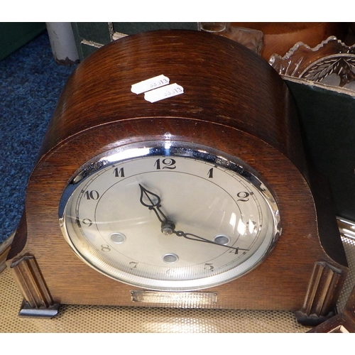 205 - An 8 day oak mantle clock together with a canteen of fish cutlery, misc glass ware, copper posser et... 