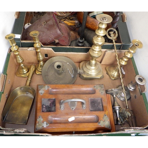 209 - A 19thC desk stand together with brass candlesticks, lamps etc (2)